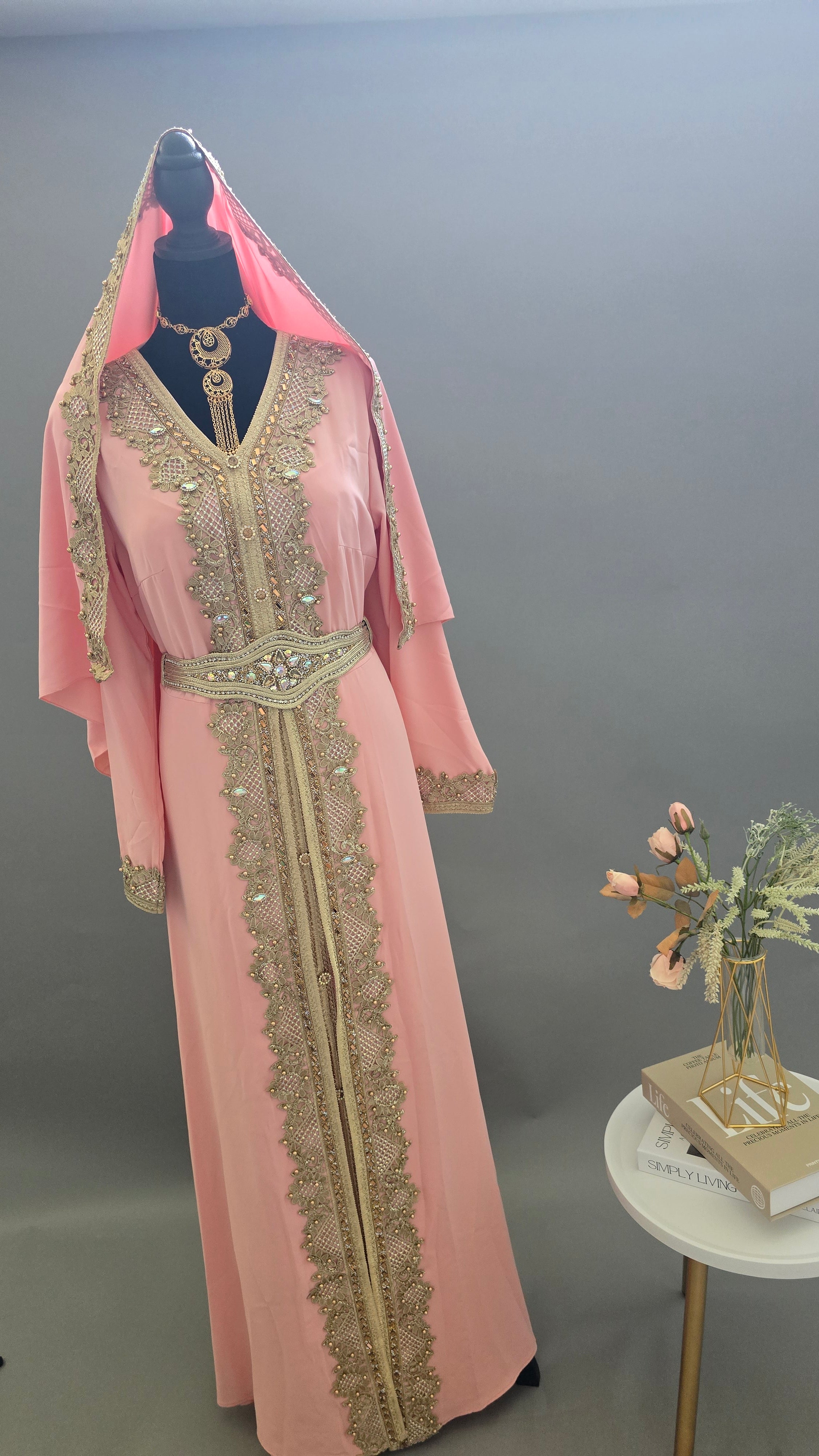 Luxury Blush Pink Moroccan Caftan with Matching Hooded Scarf & Gold Embroidery