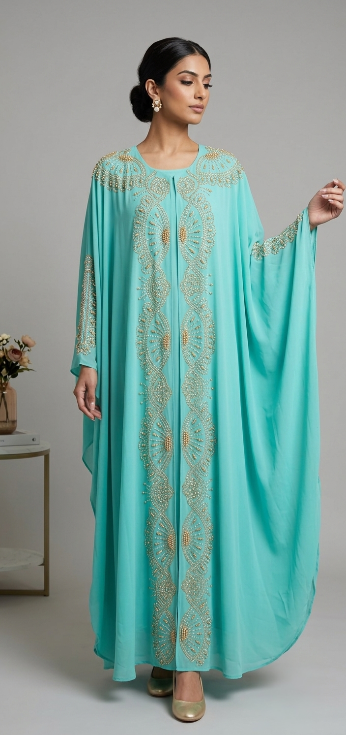 Luxury 2-Piece Crystal Embellished Kaftan Set – Flowing Chiffon Cape & Inner Dress | Aqua Blue
