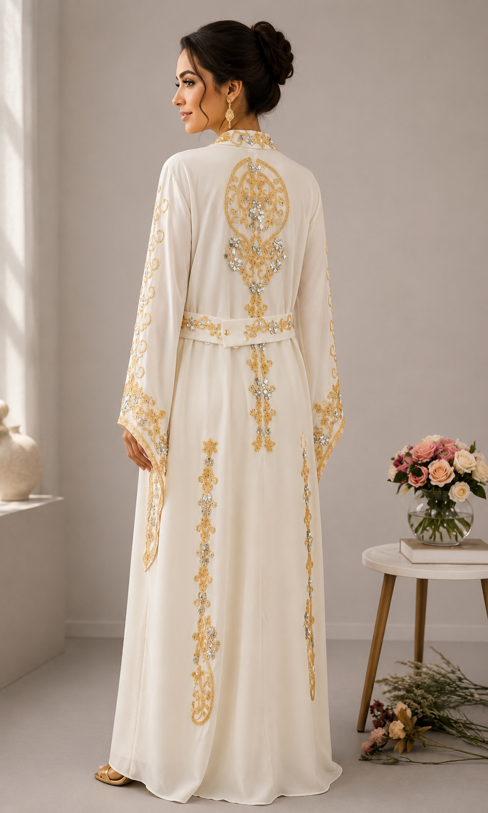 Luxury Ivory Moroccan Caftan with Gold Embroidery & Matching Belt