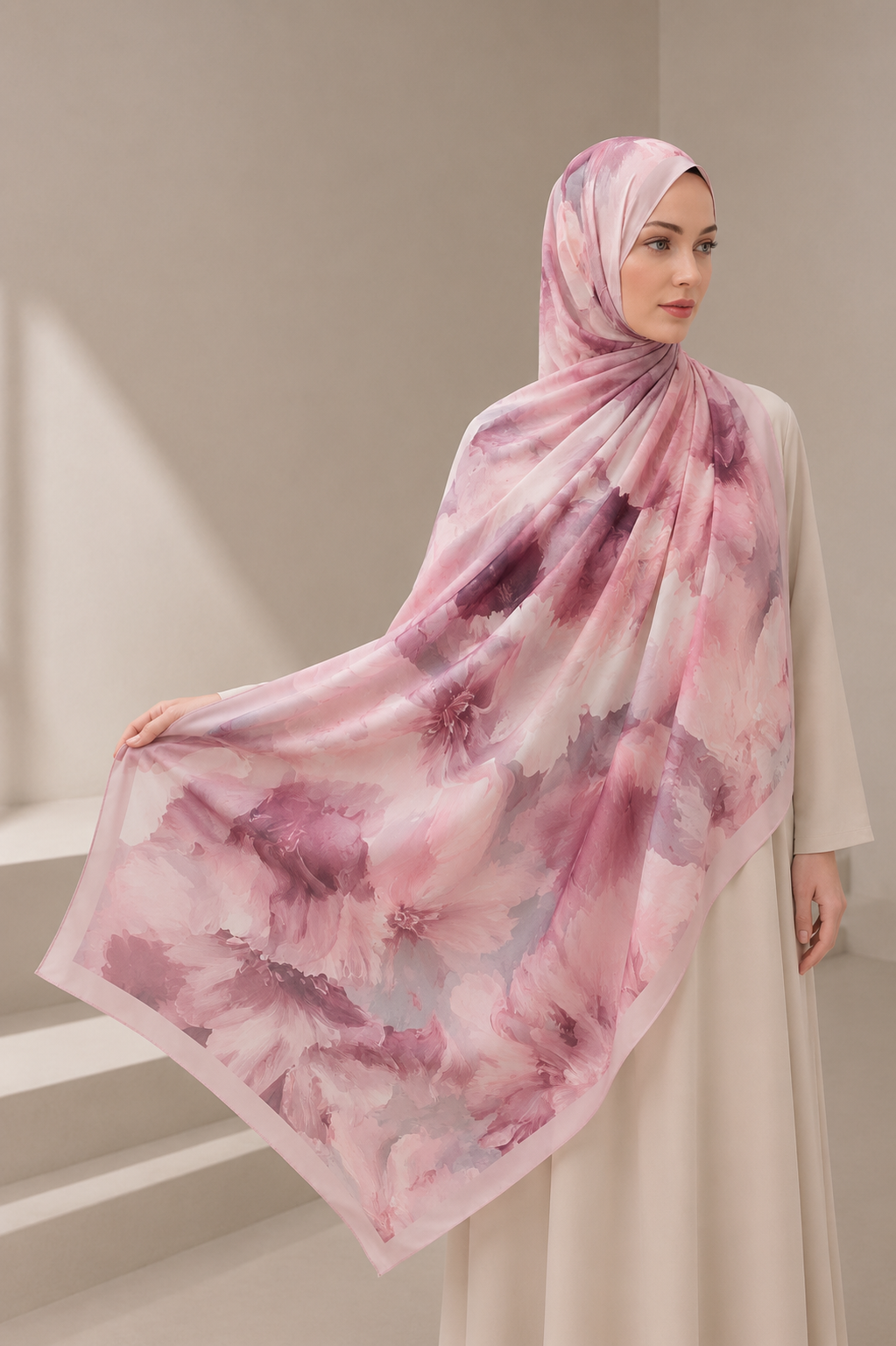 Blush Pink Floral Hijab Shawl – Luxury Watercolor Bloom Scarf for Women