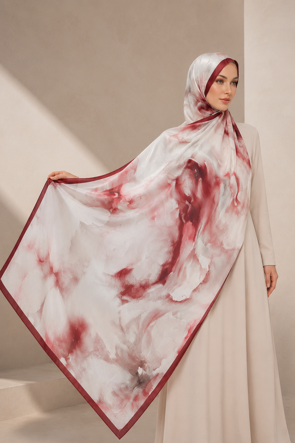 Luxury Watercolor Floral Shawl Hijab – Burgundy & Blush Silk Feel Statement Scarf