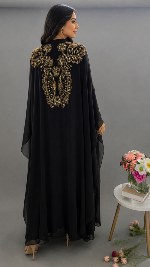 Black Luxury 2-Piece Moroccan Caftan with Gold Embellishments