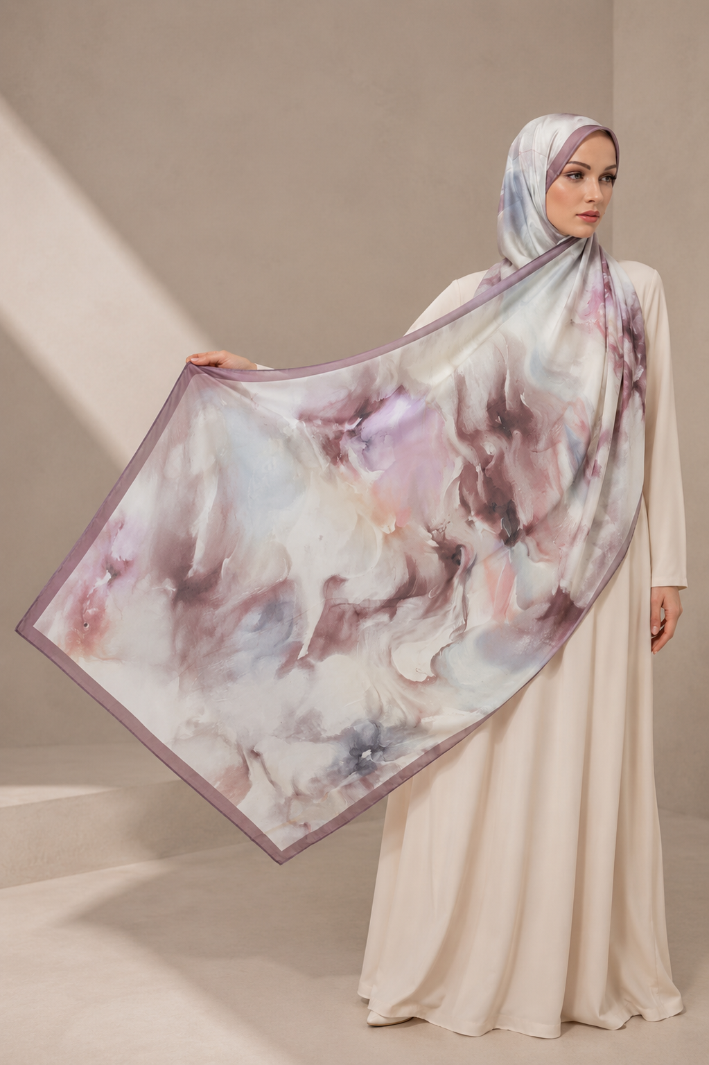 Luxury Watercolor Floral Hijab Shawl – Taupe, Mocha & Soft Blue Silk Feel Scarf