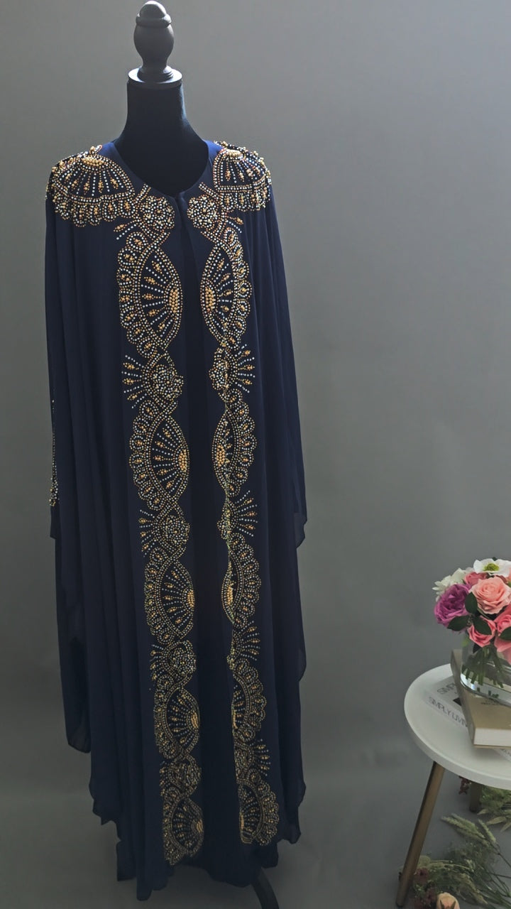 Navy Blue 2-Piece Moroccan Caftan with Inner Dress & Gold Embellishments