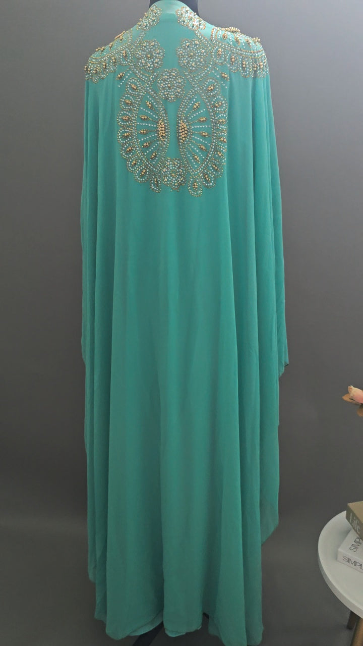 Luxury 2-Piece Crystal Embellished Kaftan Set – Flowing Chiffon Cape & Inner Dress | Aqua Blue