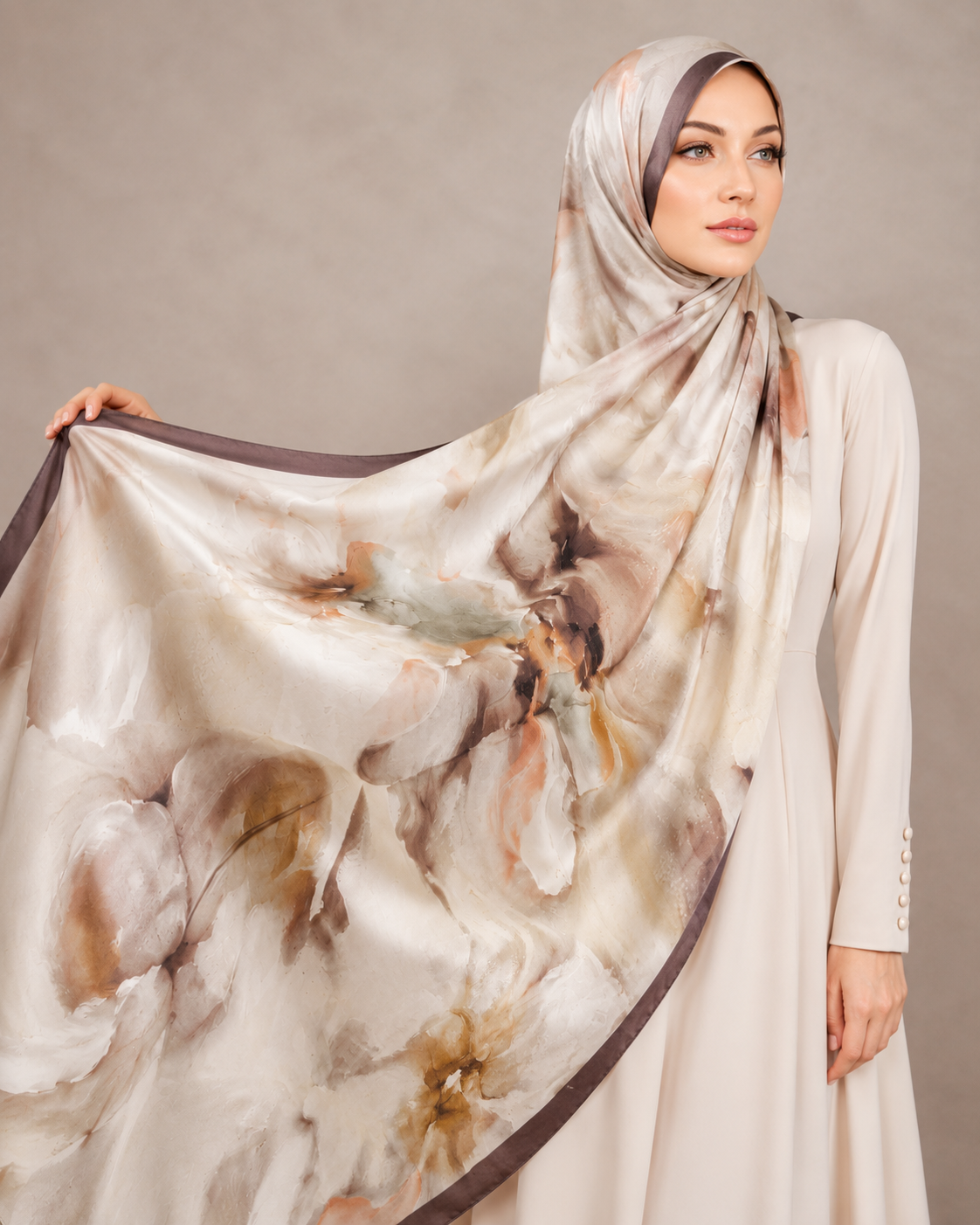 Luxury Watercolor Floral Hijab Shawl – Soft Neutral Beige & Mocha Silk Shawl