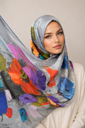 Elegant Floral Art Silk Shawl Hijab – Gray Multicolor Statement Scarf