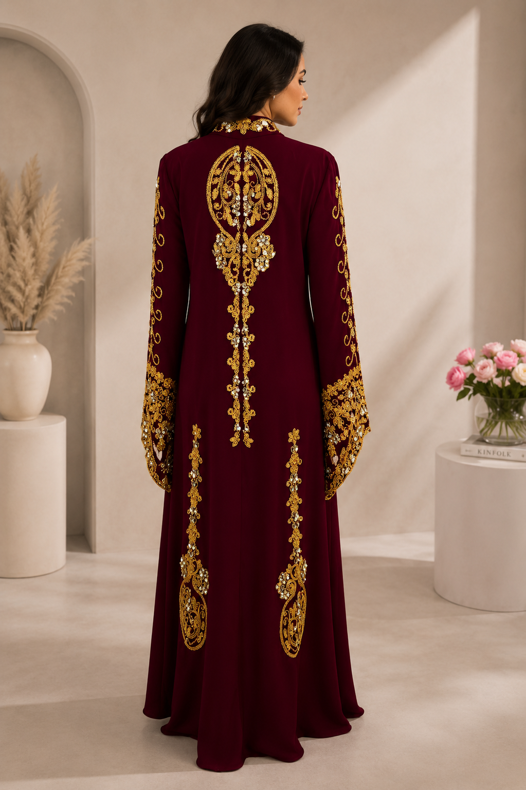 Luxury 3-Piece Burgundy Caftan with Gold Embroidery & Matching Inner Dress