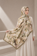 Luxury Vintage Rose Hijab Shawl – Olive Green Floral Silk Feel Scarf