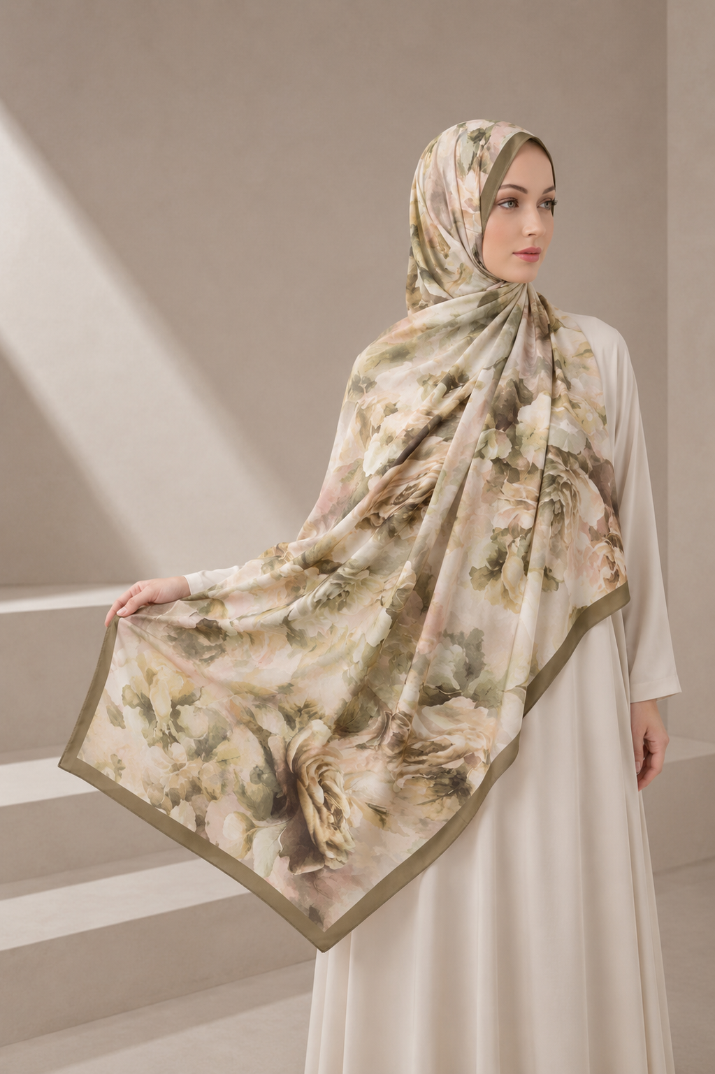 Luxury Vintage Rose Hijab Shawl – Olive Green Floral Silk Feel Scarf