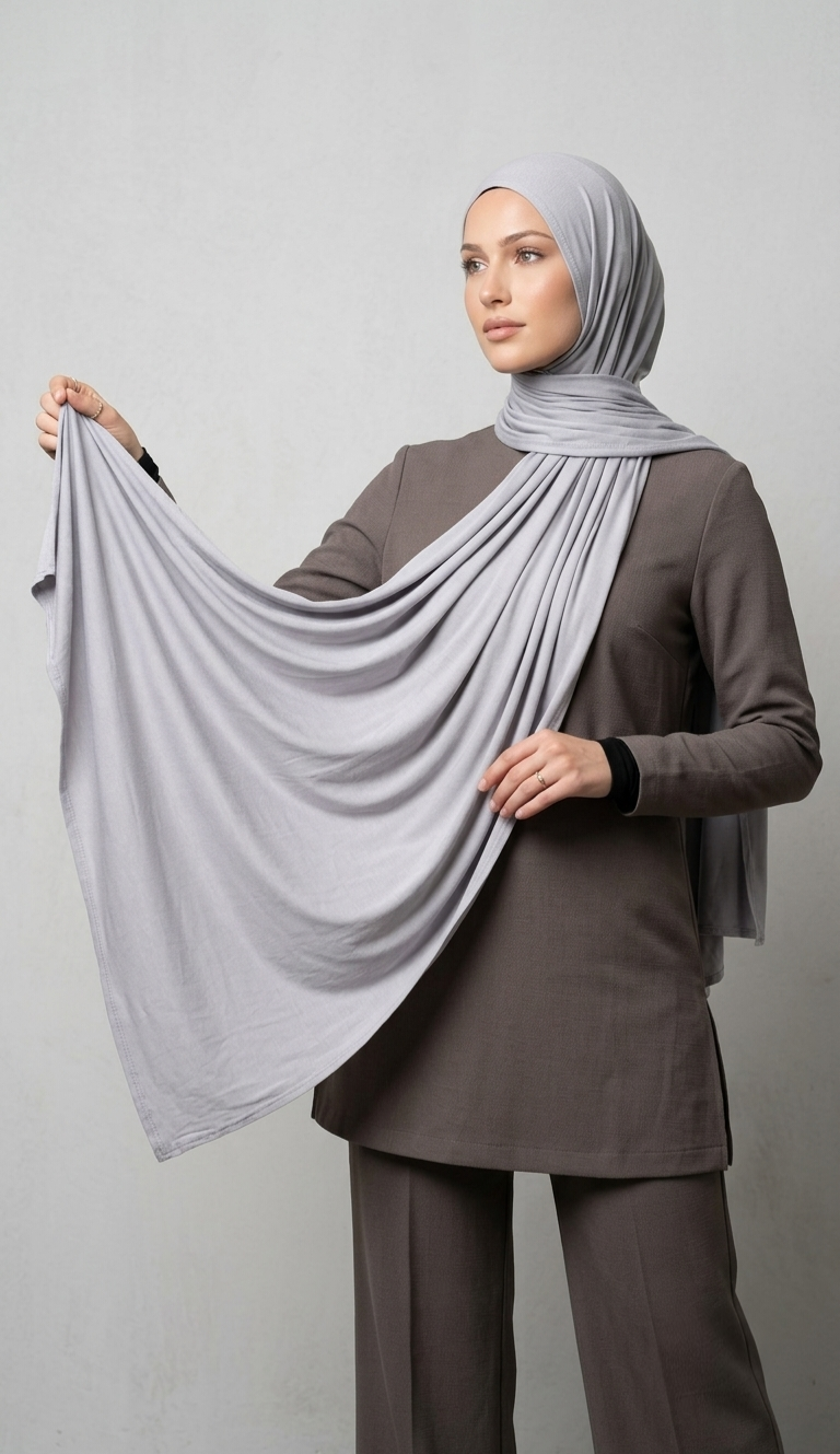 Premium Light Gray Jersey Shawl | Soft Stretch Cotton Blend | Extra Long Hijab