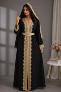 Luxury Black Moroccan Caftan with Matching Hooded Scarf & Gold Embroidery