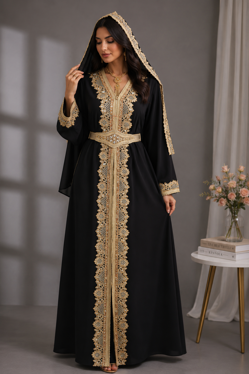 Luxury Black Moroccan Caftan with Matching Hooded Scarf & Gold Embroidery
