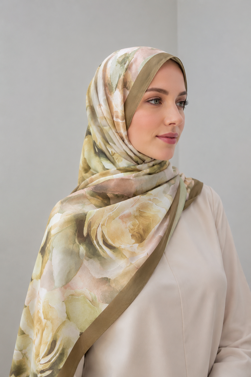 Luxury Vintage Rose Hijab Shawl – Olive Green Floral Silk Feel Scarf