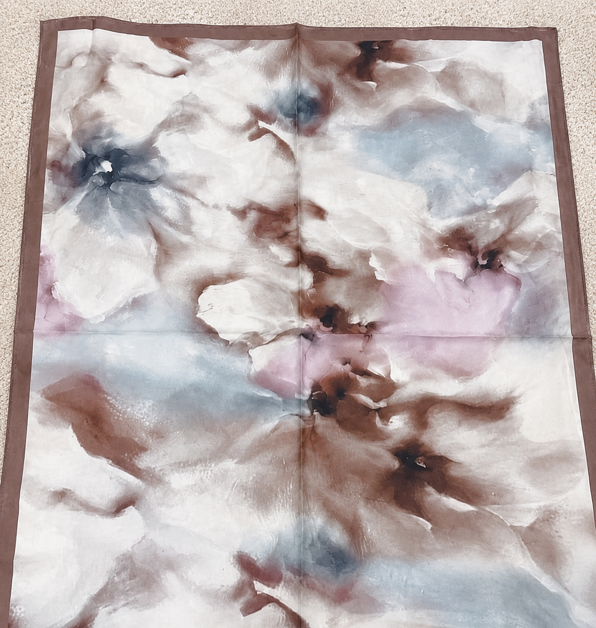 Luxury Watercolor Floral Hijab Shawl – Taupe, Mocha & Soft Blue Silk Feel Scarf