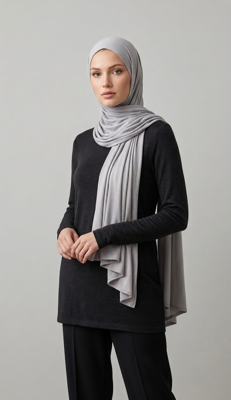 Premium Light Gray Jersey Shawl | Soft Stretch Cotton Blend | Extra Long Hijab