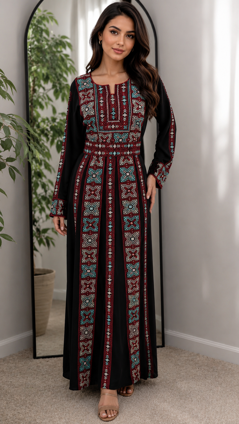 Elegant Palestinian Embroidered Maxi Thobe – Traditional Tatreez Modest Dress