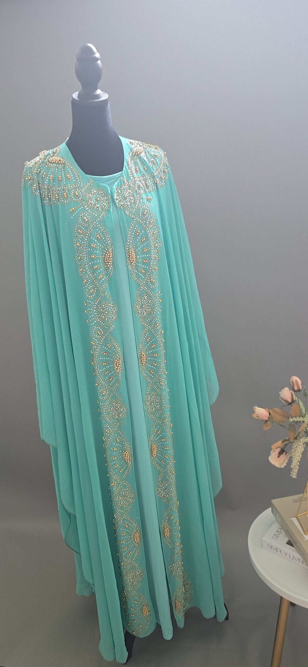 Luxury 2-Piece Crystal Embellished Kaftan Set – Flowing Chiffon Cape & Inner Dress | Aqua Blue