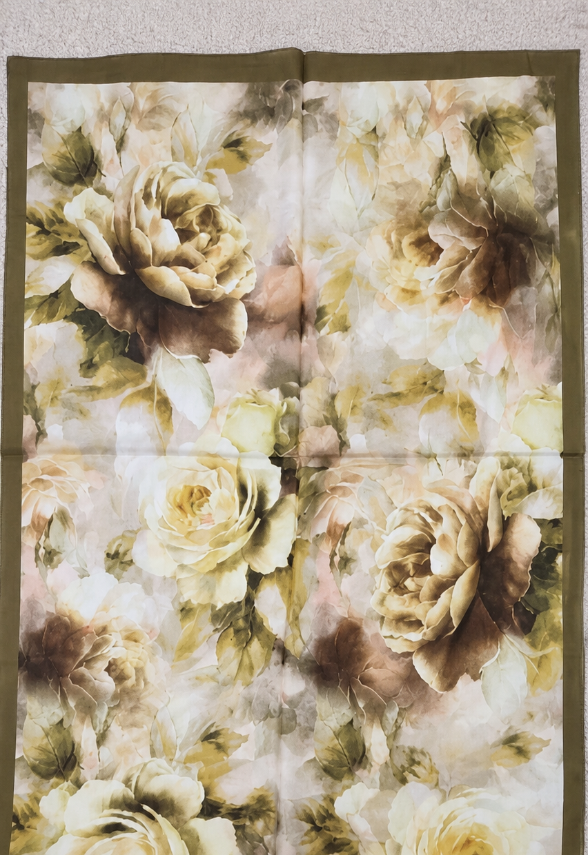 Luxury Vintage Rose Hijab Shawl – Olive Green Floral Silk Feel Scarf