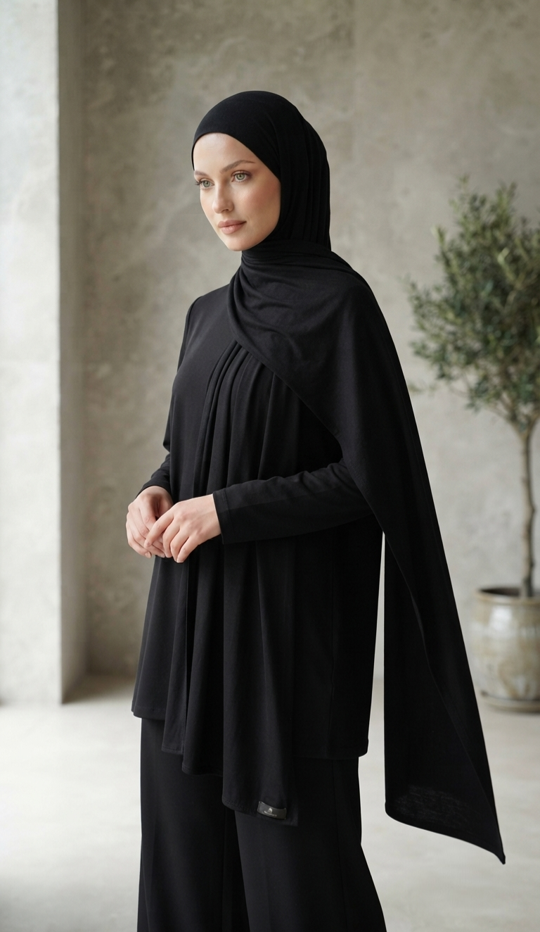 Premium Long Jersey Hijab – Classic Black | Soft Stretch Cotton Blend | Long Shawl