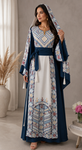 Palestinian-Inspired Embroidered Thoub with Matching Shawl & Waist Belt – Navy Blue & Ivory