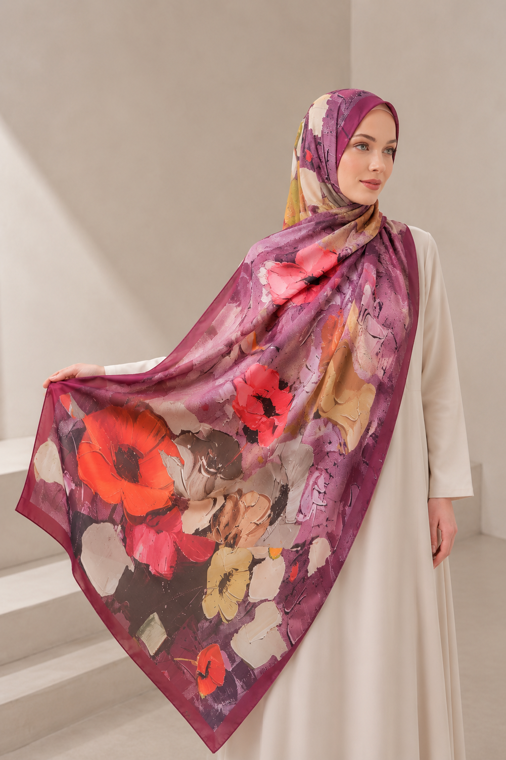 Crimson Garden Floral Hijab Shawl – Burgundy Multi-Color Artistic Print