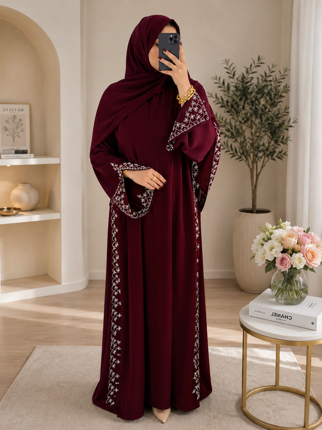 Elegant Embroidered Abaya with Matching Shawl