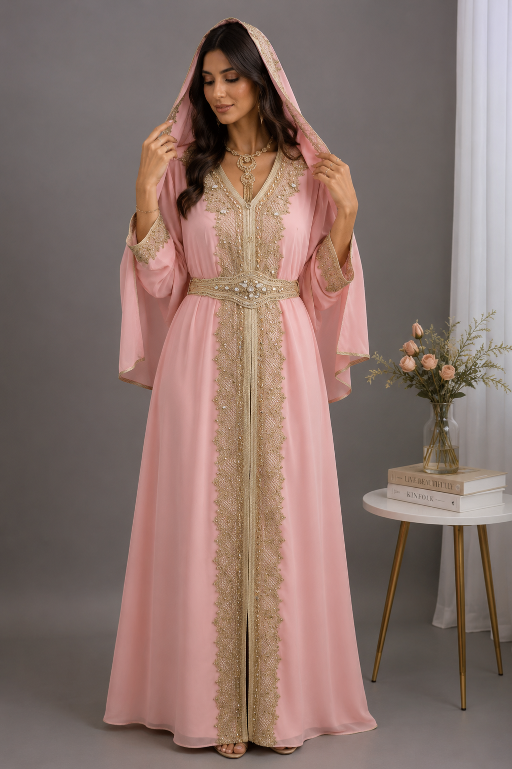 Luxury Blush Pink Moroccan Caftan with Matching Hooded Scarf & Gold Embroidery