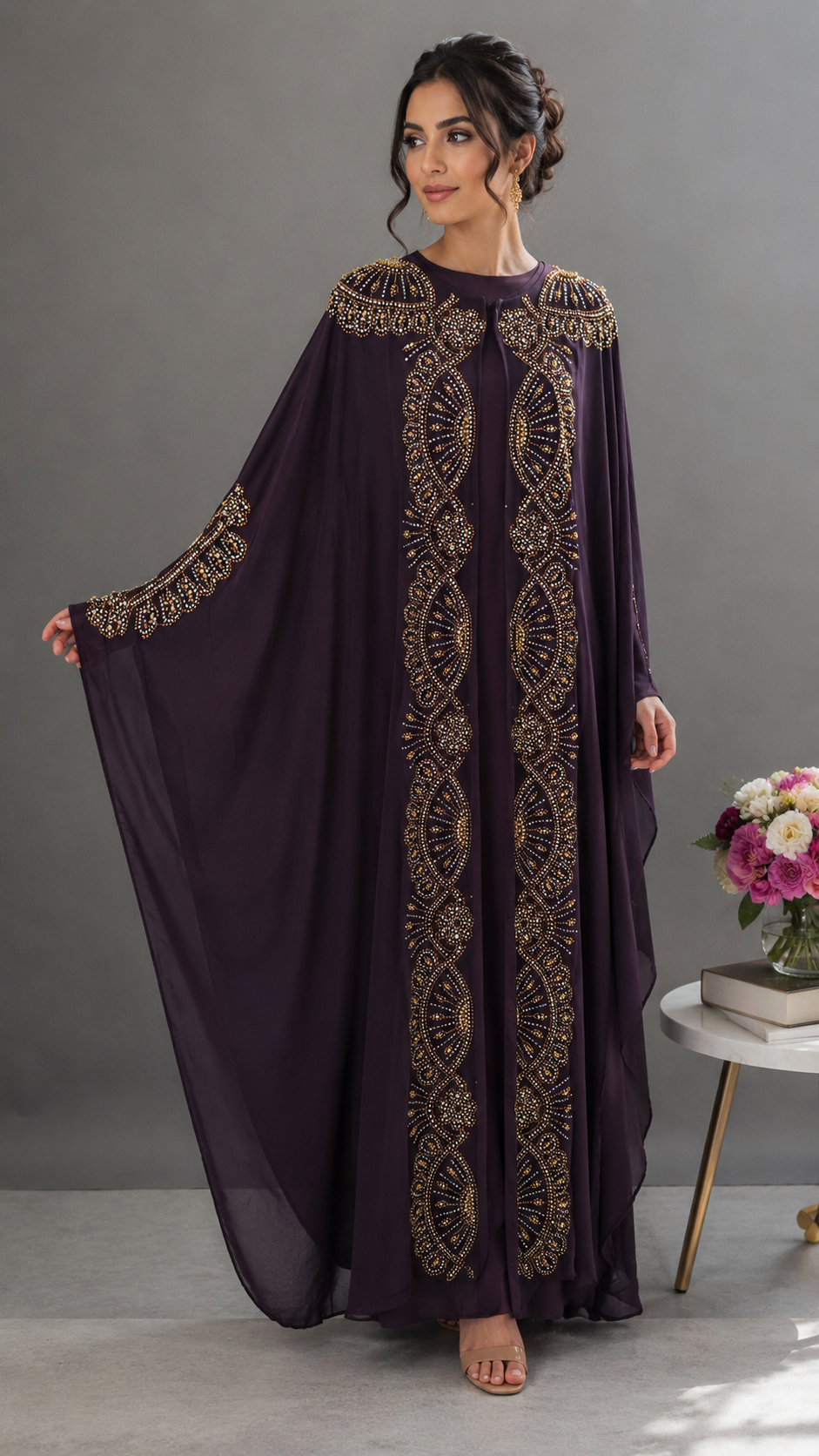 Luxury 2-Piece Butterfly Moroccan Caftan with Inner Dress – Elegant Gold Embellishments